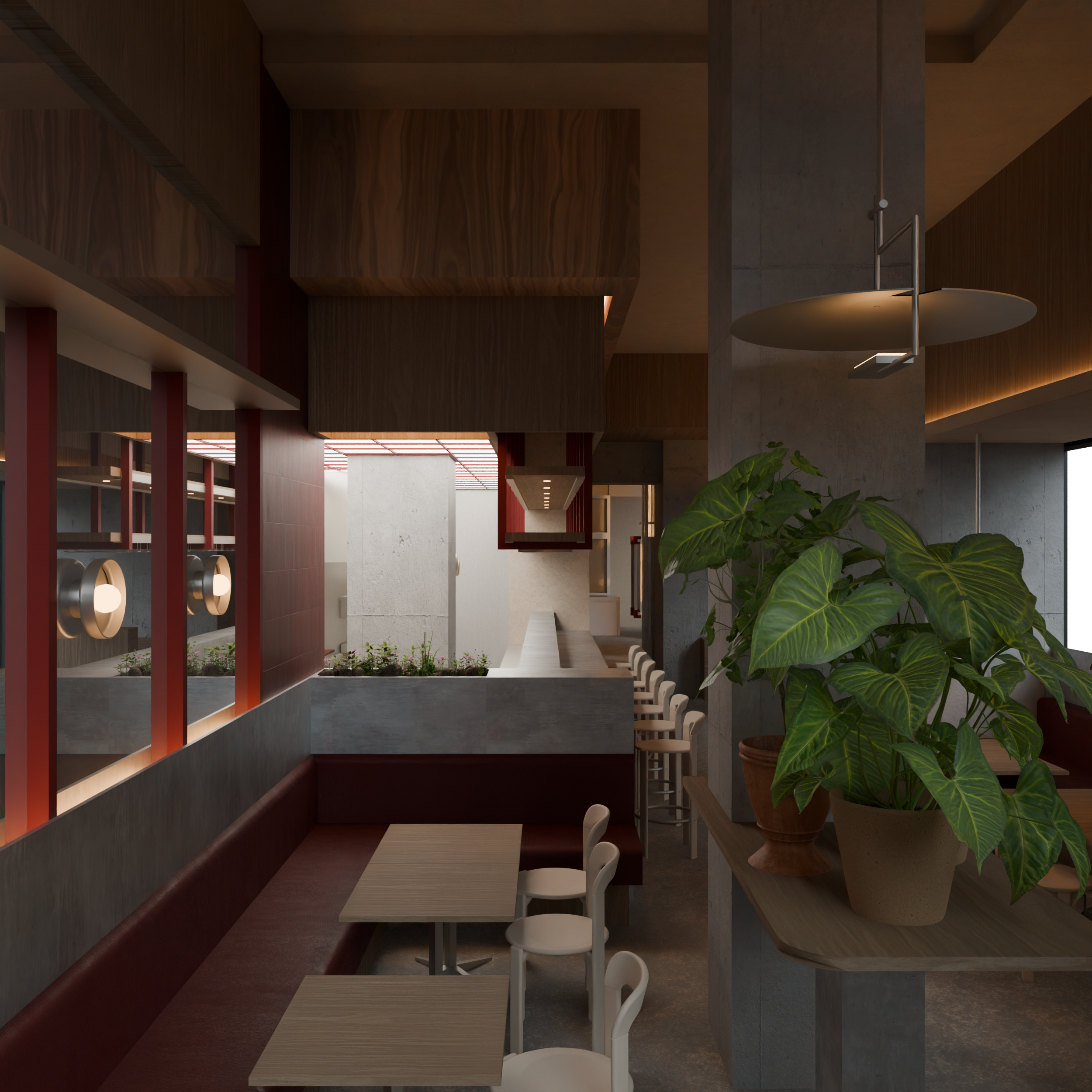 Modern indoor space with wooden, concrete, and metal decor, featuring tables and chairs, green potted plant, and a backlit area with outdoor view.