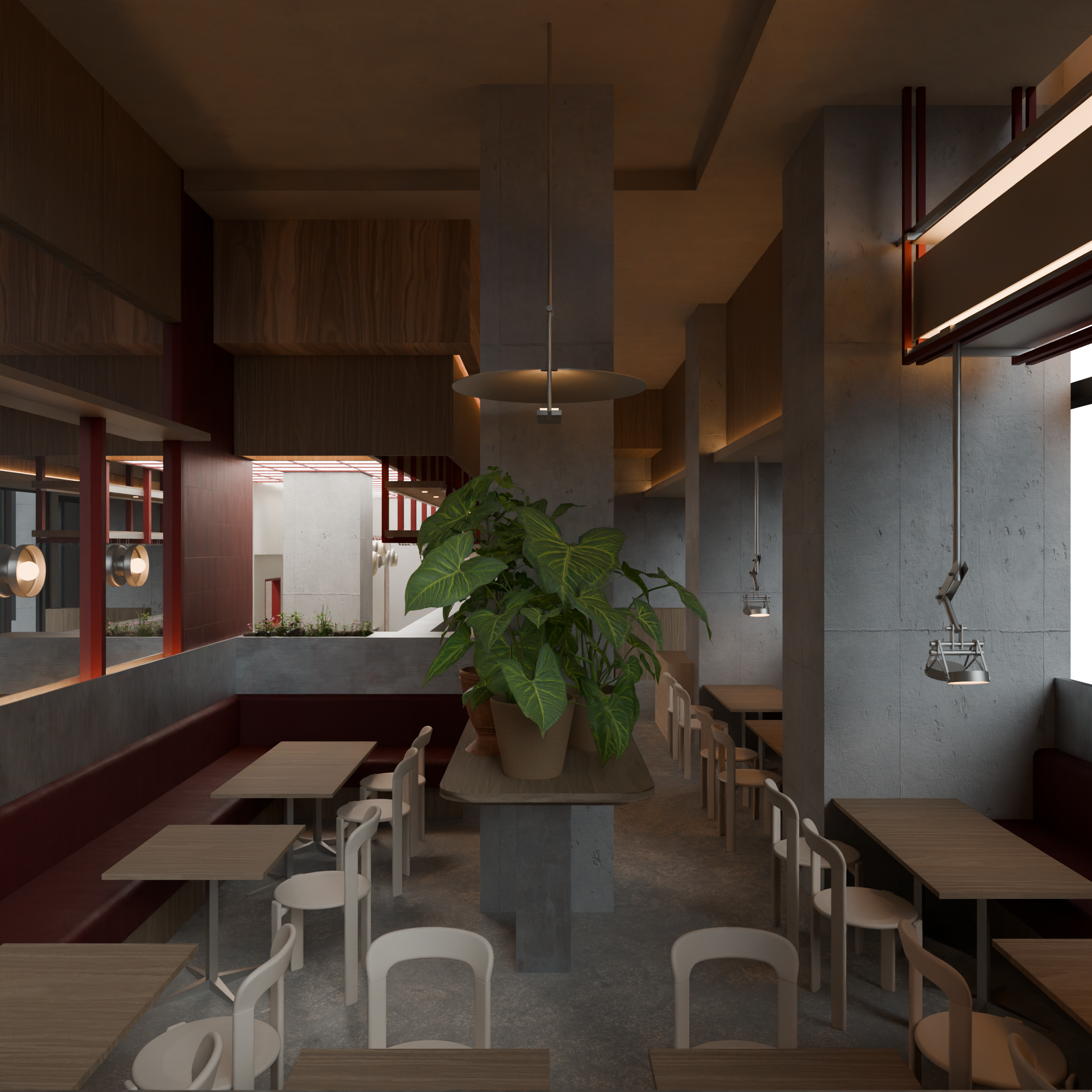Interior of a modern restaurant with wooden tables and white chairs, a large potted plant on a central column, and concrete walls with minimalistic lighting.