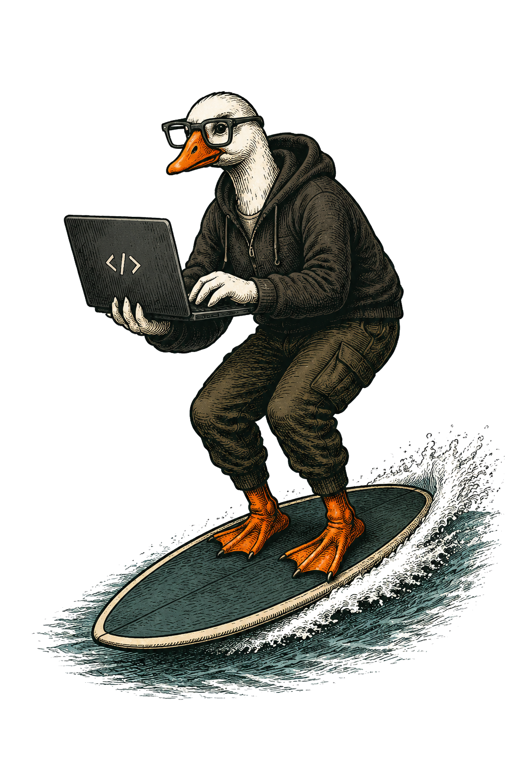 An anthropomorphic goose wearing glasses, a hoodie, and cargo pants, riding a surfboard on water while working on a laptop.