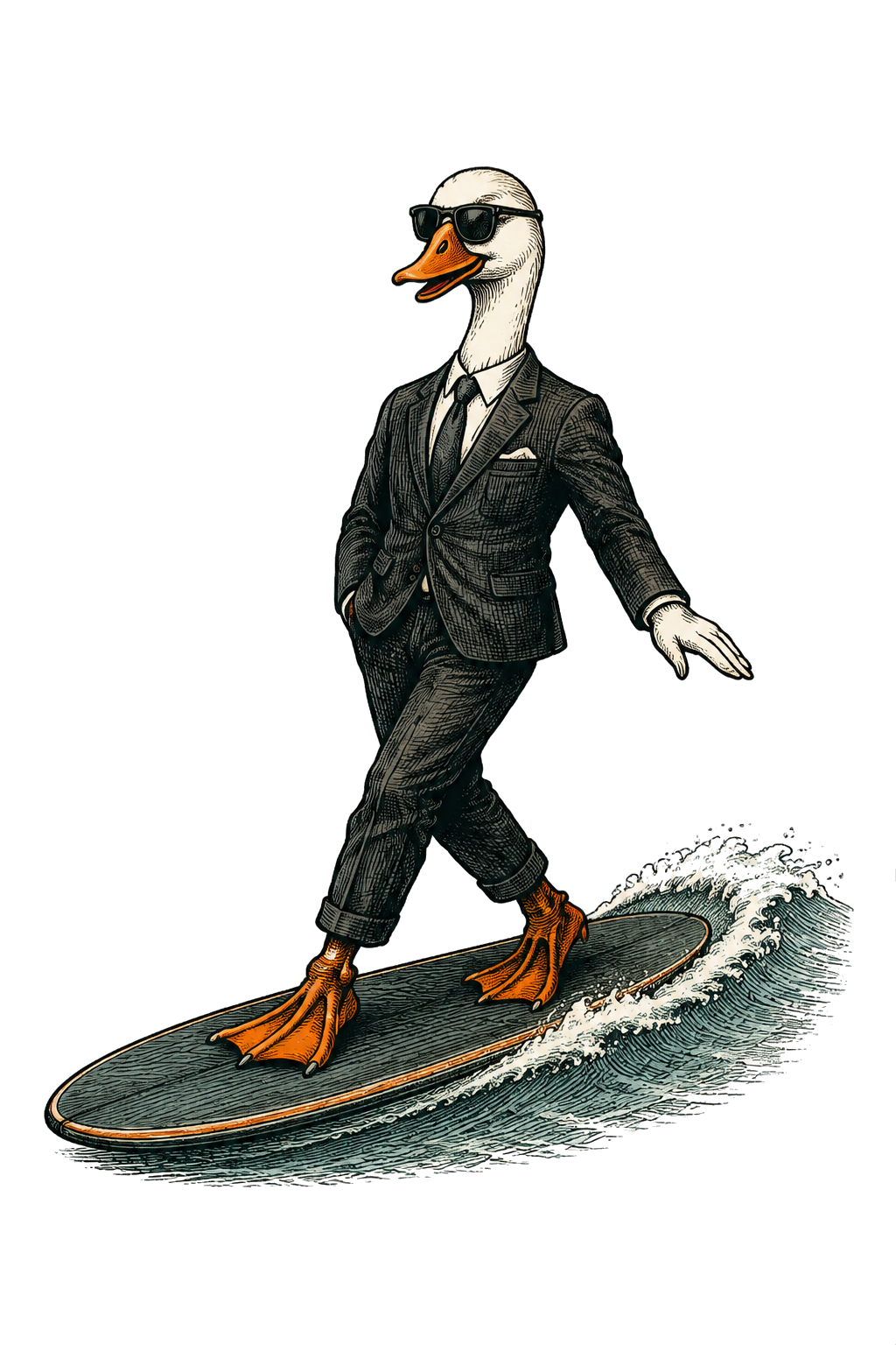 An anthropomorphic goose wearing a business suit and sunglasses surfing on a board with a small wave.