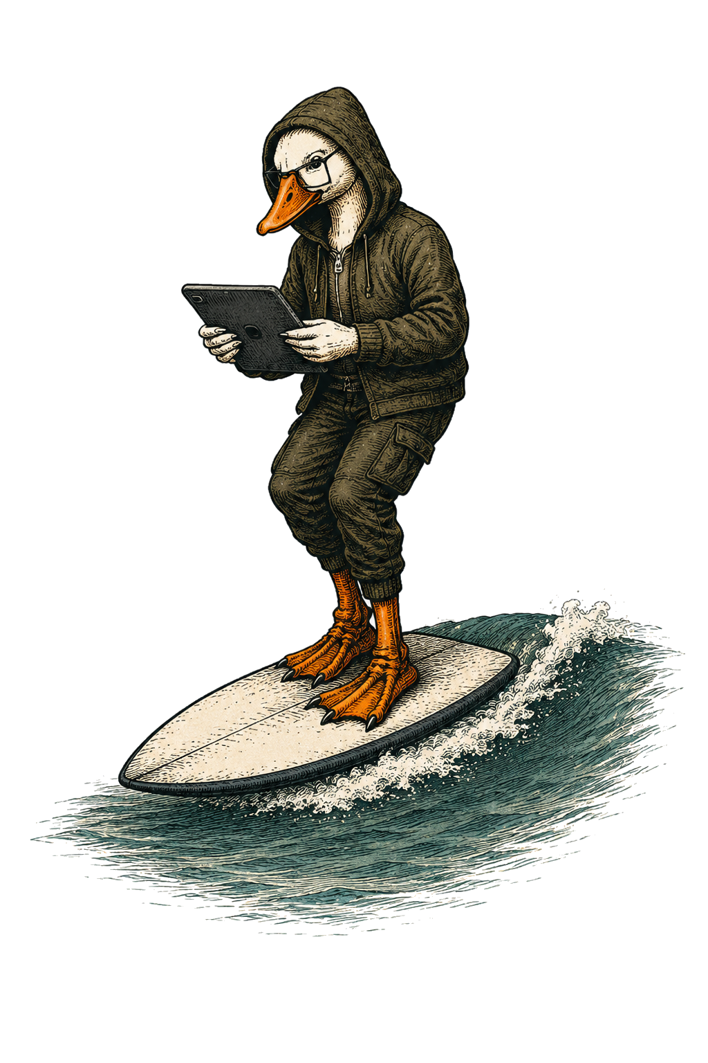 An anthropomorphic goose in casual clothing, wearing glasses, riding a surfboard on a wave while looking at a tablet.
