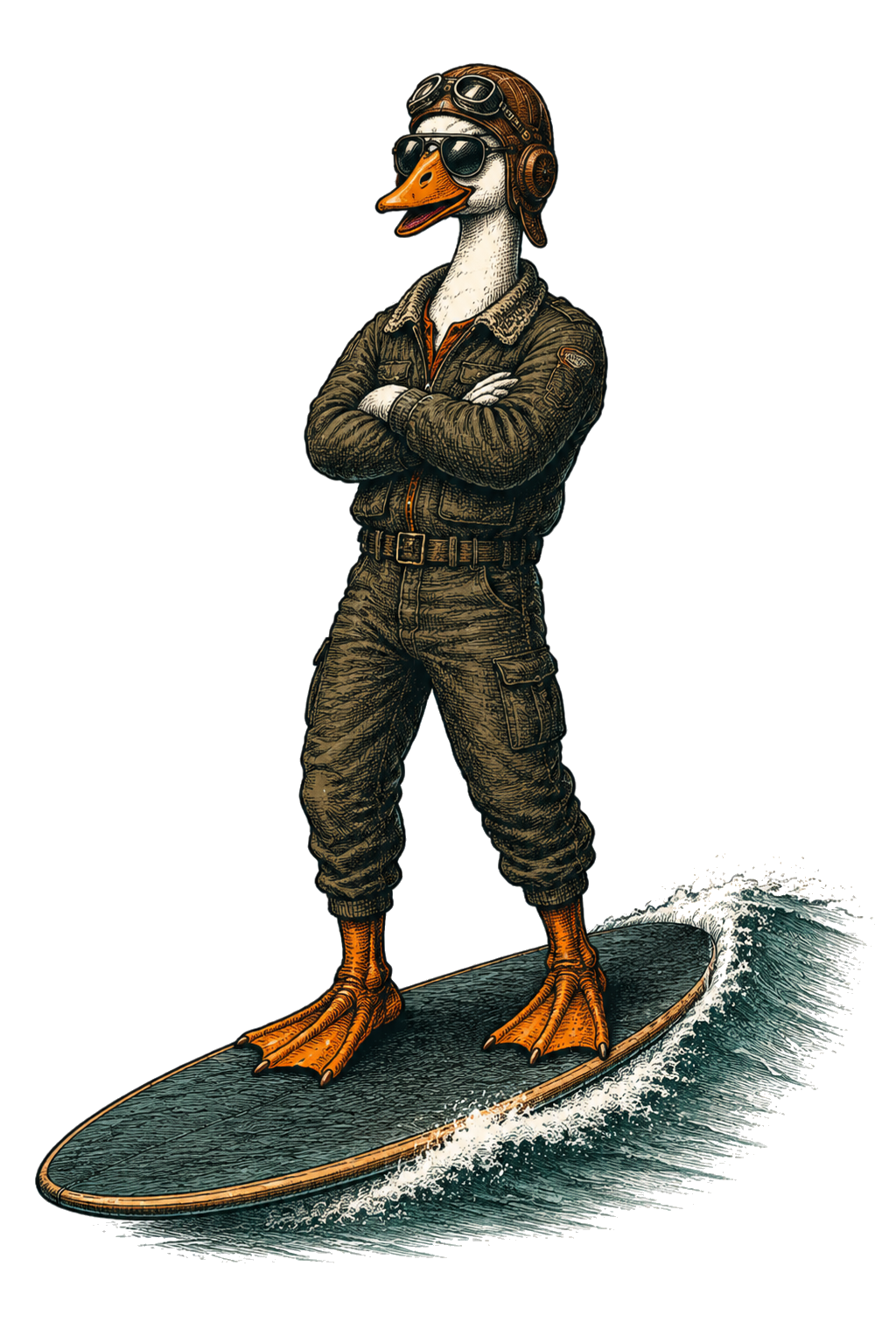 An anthropomorphic goose wearing a vintage flight helmet and sunglasses, standing on a surfboard on water.