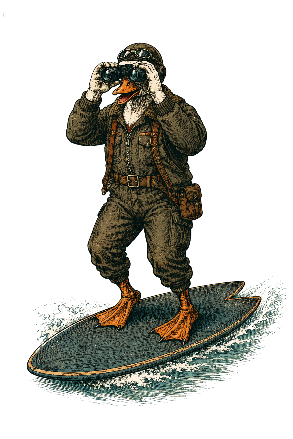 An anthropomorphic goose wearing military gear surfing on a surfboard.