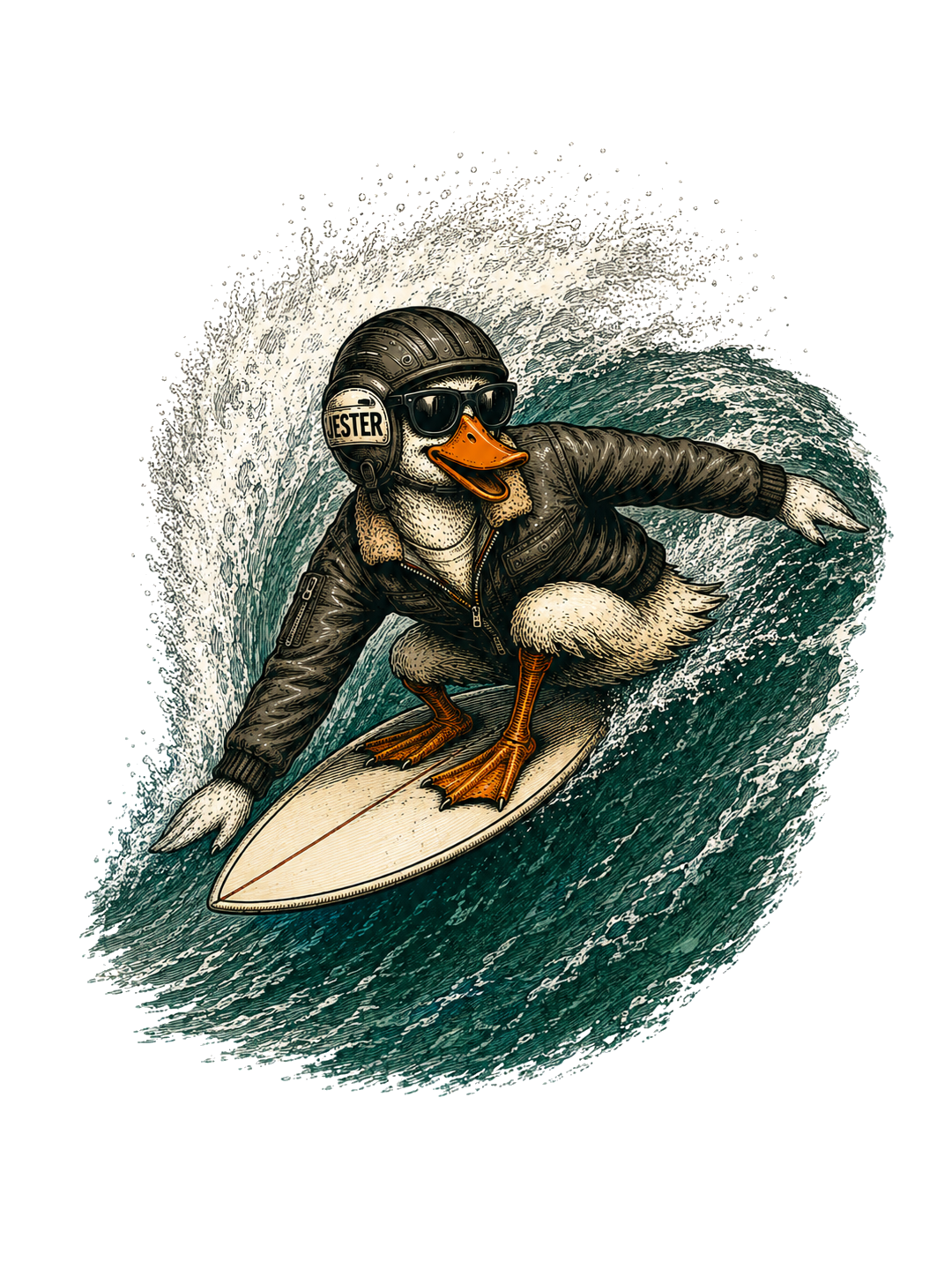 Jester - An anthropomorphic goose surfing on a wave, wearing a black helmet with glasses, a black leather jacket, and sunglasses, with the name 'Jester' on the helmet.