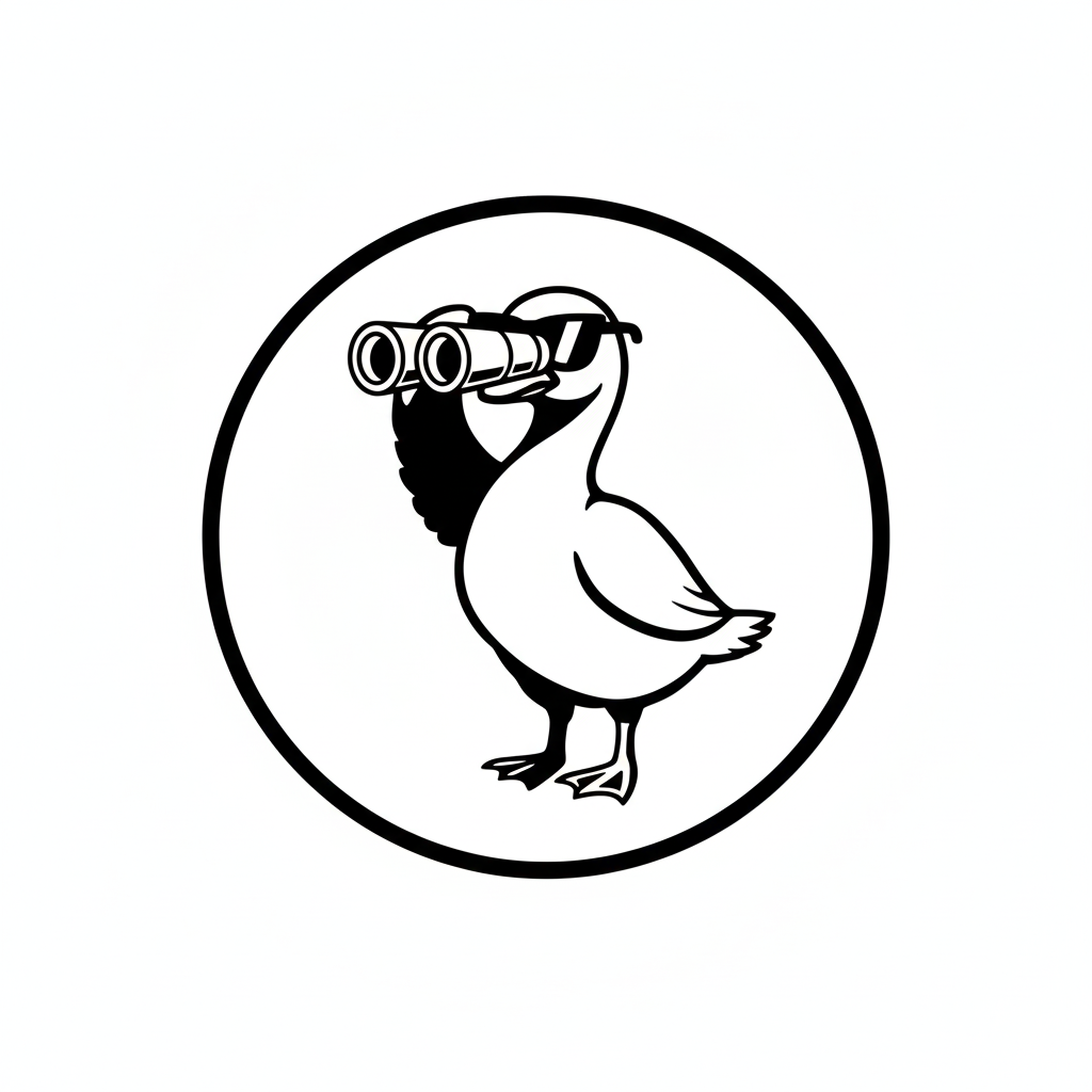A cartoon duck wearing glasses and holding binoculars.