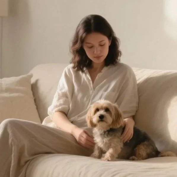 Young woman with shoulder-length brown hair sitting on a cream-colored sofa with a small dog on her lap.