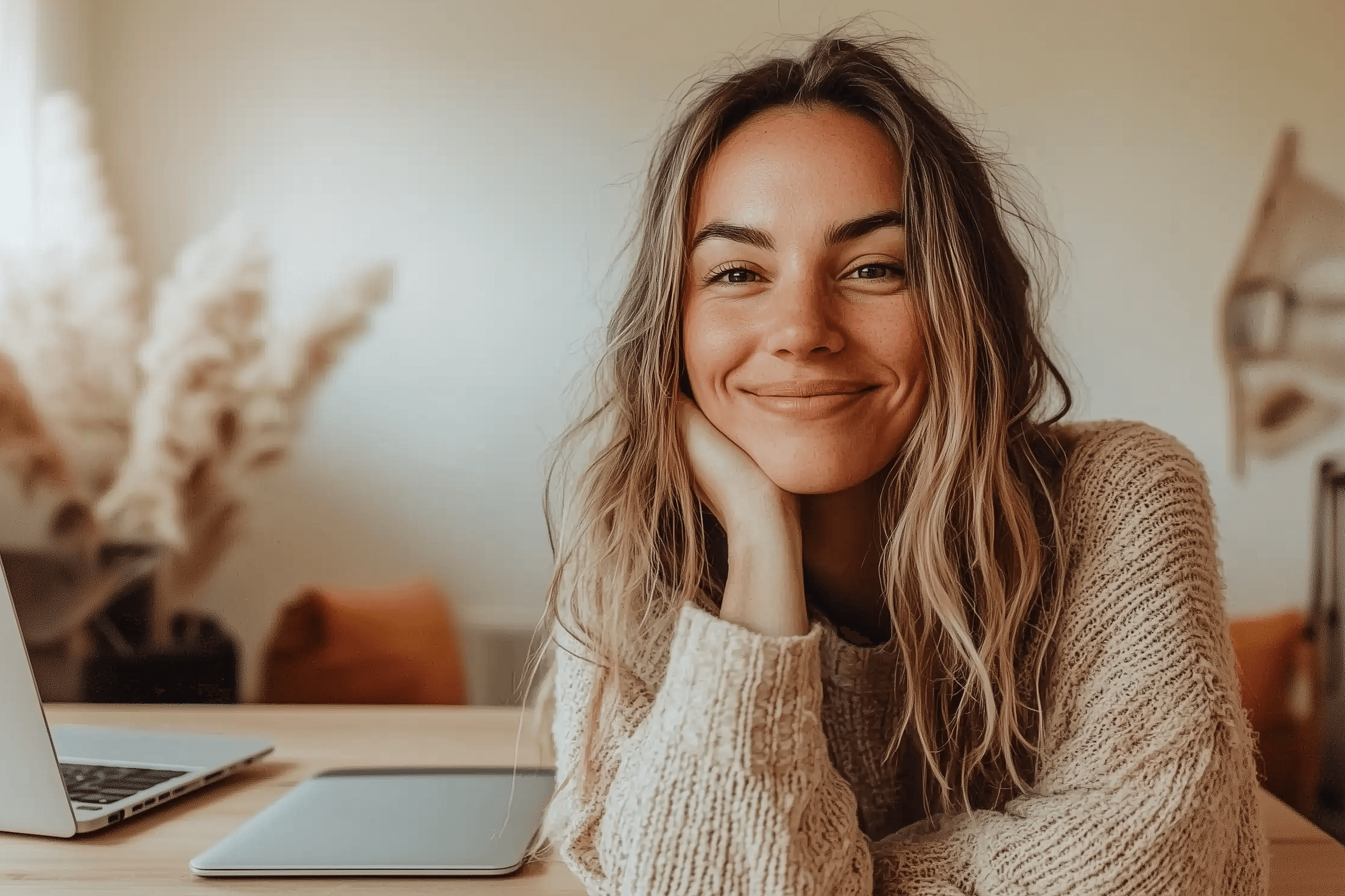 A smiling woman with long wavy hair is resting her chin on her hand at a desk with a laptop and tablet.