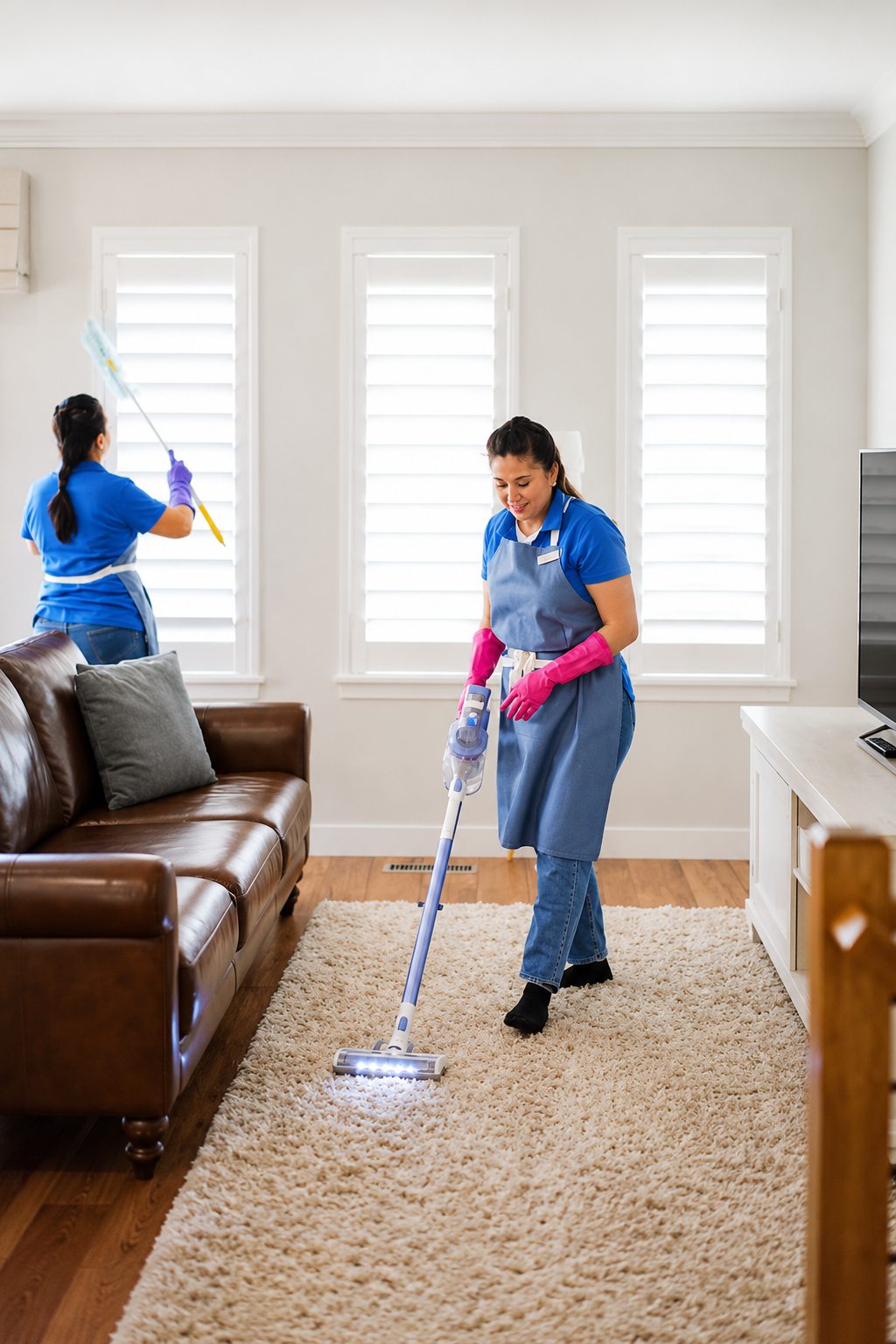 Two residential cleaning professionals cleaning a modern living room with vacuuming and dusting services.