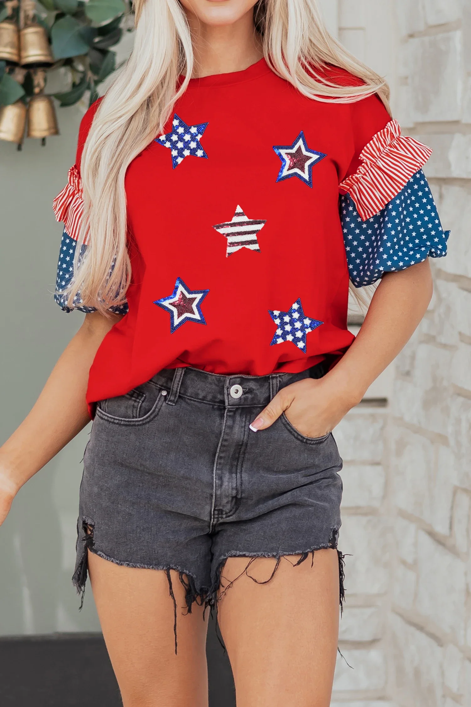 Sequin Starred w/Ruffle Patched Sleeves Top