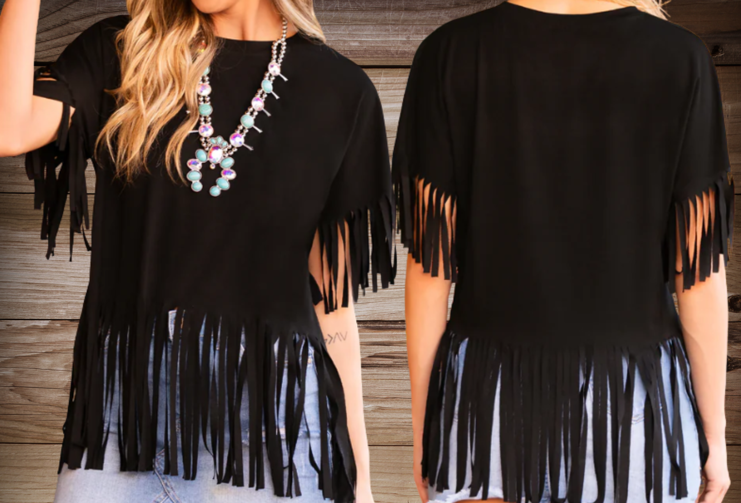 Half Sleeve Black Fringe Top