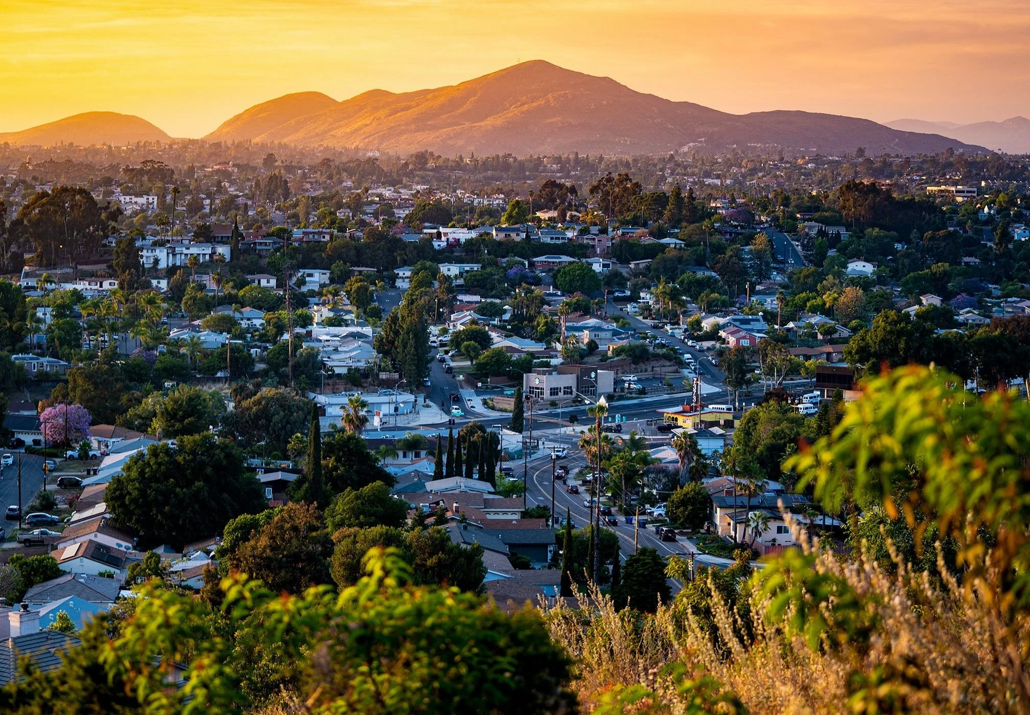 A city neighborhood with houses surrounded by trees, with mountains in the background, during sunset.