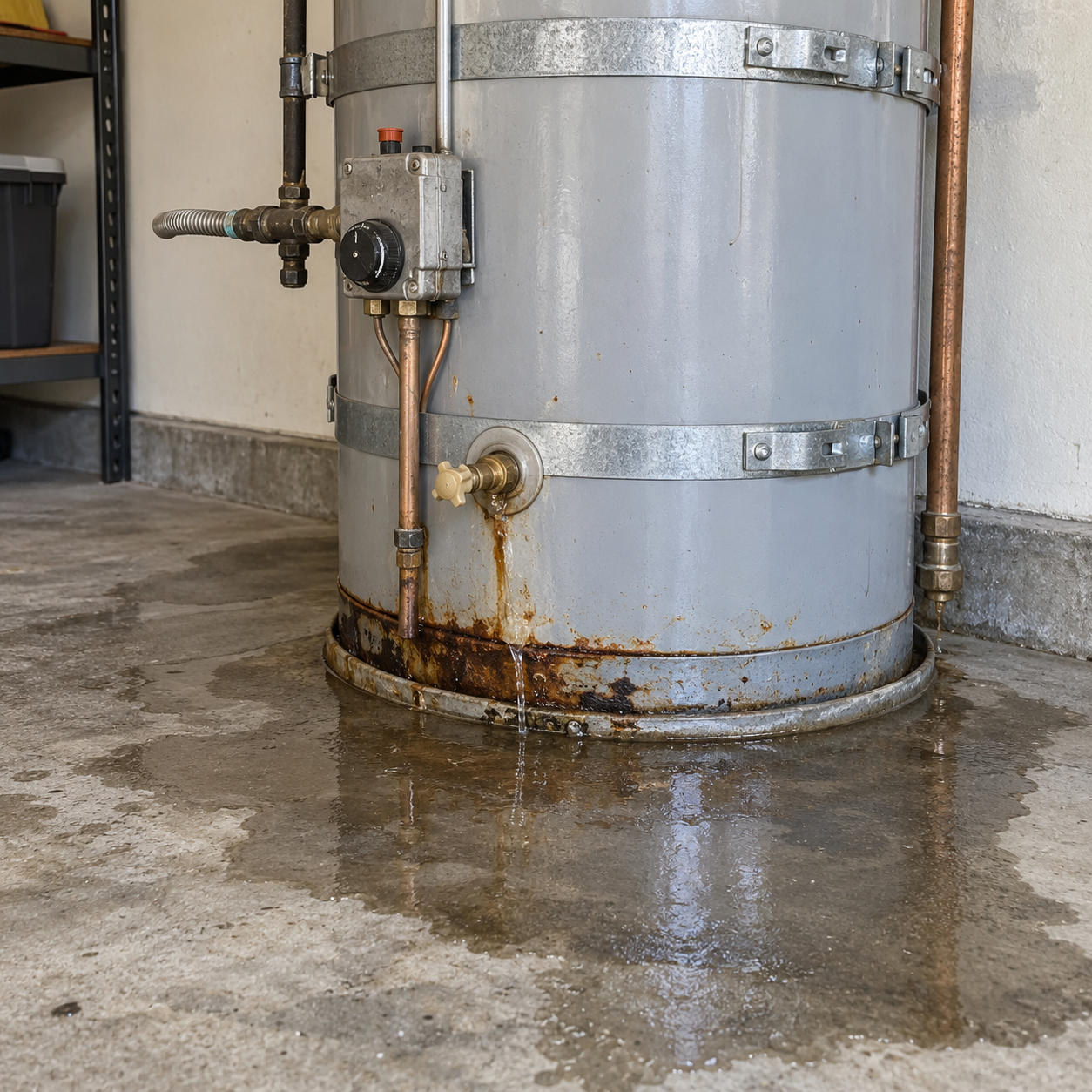 Leaking tank water heater with rust around the base and water pooling on a concrete garage floor.