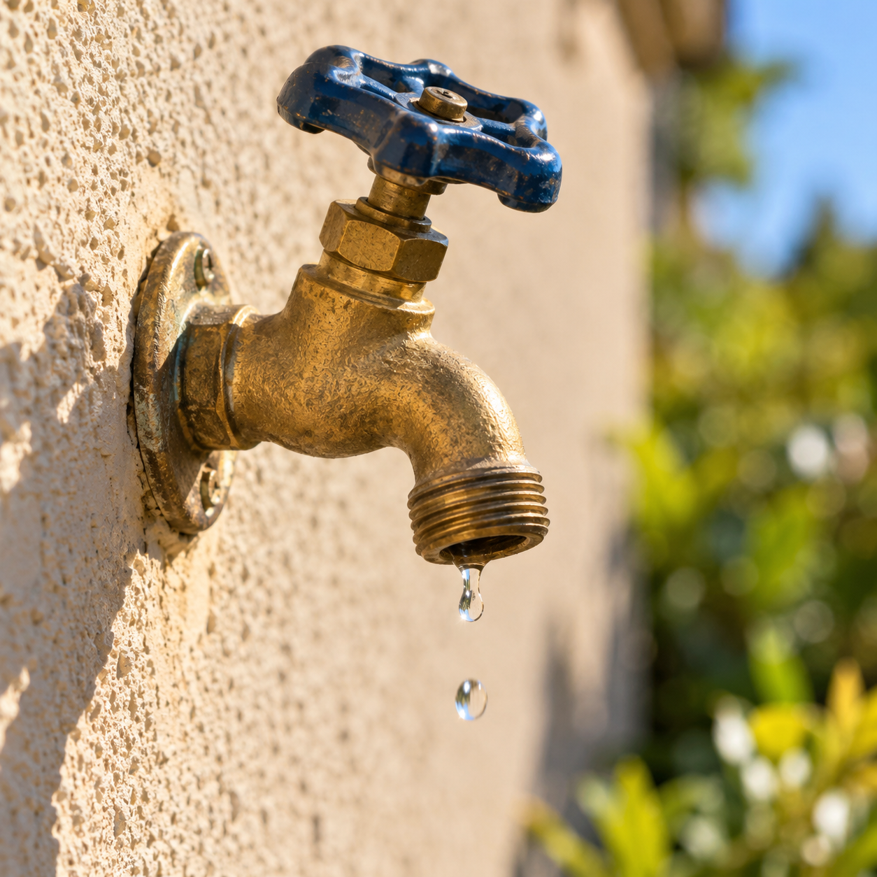 Dripping brass hose bib on a stucco wall, illustrating outdoor faucet repair in Imperial Beach.