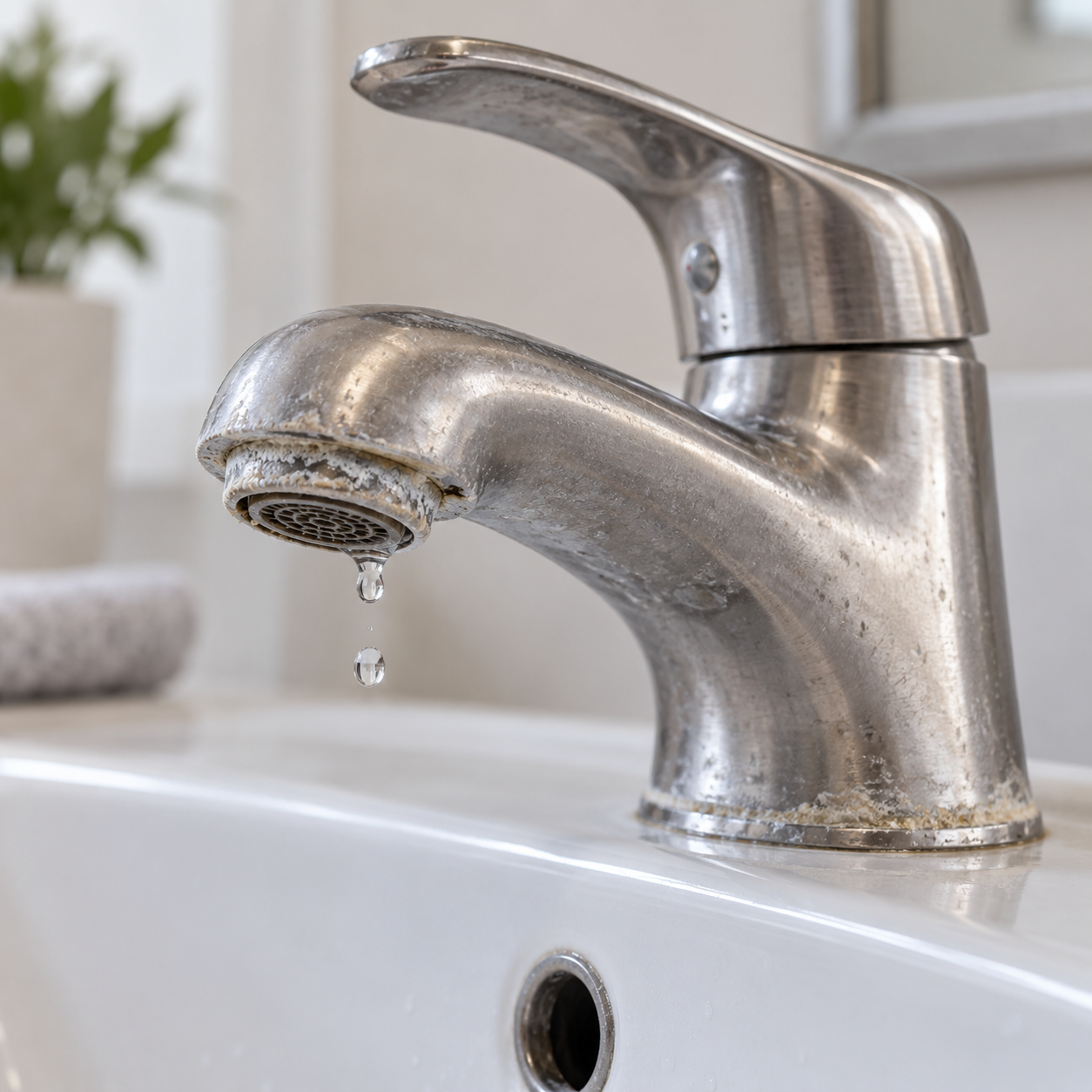 Chrome bathroom faucet with mineral buildup, illustrating faucet repair and replacement in Imperial Beach