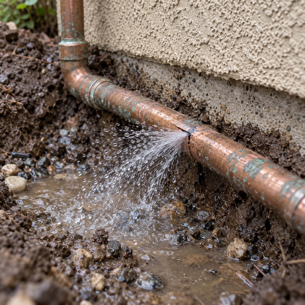 Burst copper water line spraying water into wet soil beside a home.
