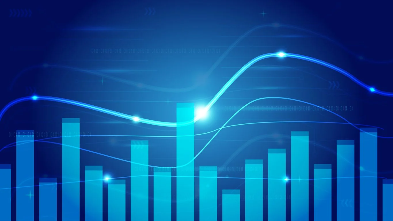 Colorful data analytics charts and graphs, including bar charts, pie charts, and line graphs, displayed on a dark background.