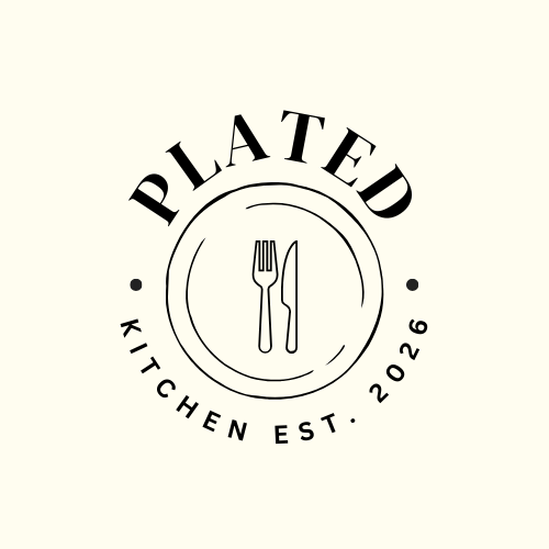 Logo for 'Plated Kitchen' featuring a fork and knife inside a circle, with text indicating establishment in 2026.