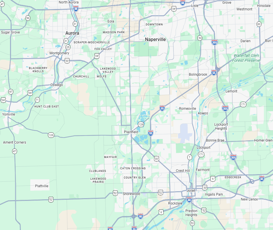 Map of the Plainfield, Illinois area showing surrounding towns, highways, and natural features like Waterfall Glen Forest Preserve.