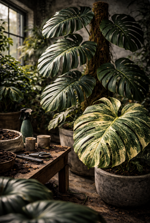 Indoor scene with large monstera plants in pots, wooden table with gardening tools, soil, scissors, spray bottle, and small pots, in a bright room with window and natural light.