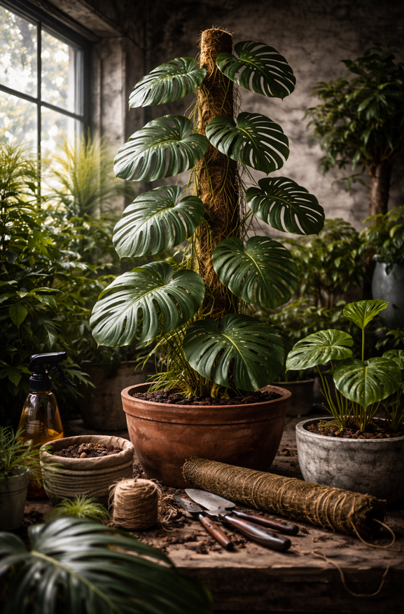 A large potted monstera plant in a greenhouse or plant shop, with gardening tools and supplies on a rustic wooden table.