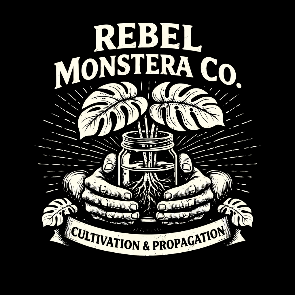 Black logo for Rebel Monstera Co. featuring a pair of hands holding a mason jar with roots and Monstera leaves inside. The design includes radiating lines and a banner with the text "Cultivation & Propagation."