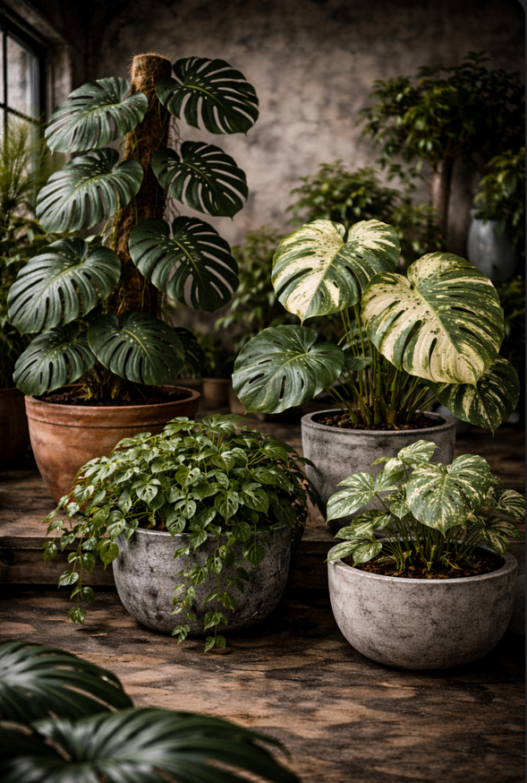 Collection of potted houseplants, including Monstera with large split leaves and other leafy green plants in rustic pots, on a wooden surface indoors.
