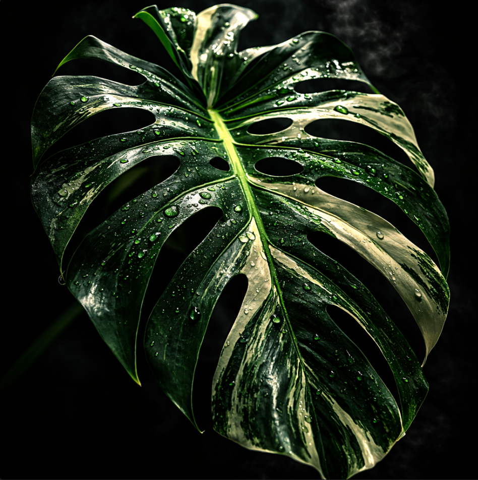 Close-up image of a large green Monstera leaf with water droplets on its surface, set against a dark background.