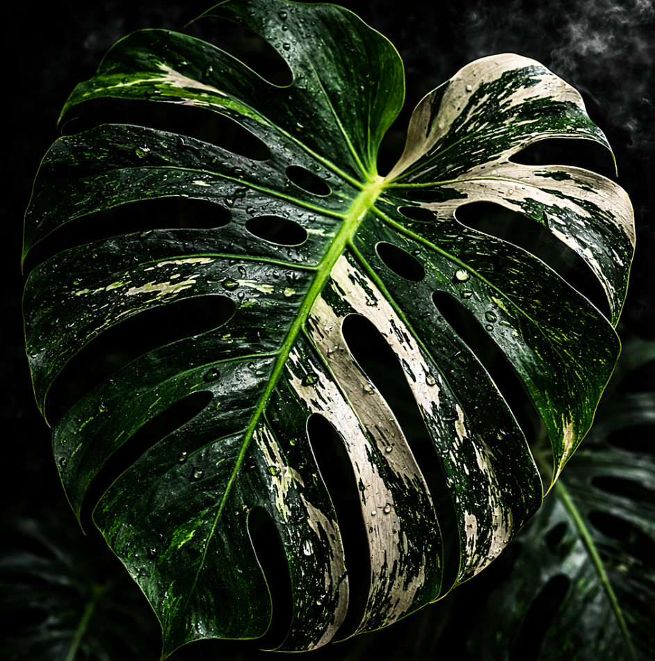 Close-up of a large, green monstera leaf with water droplets, showing split and hole patterns, with a dark background.