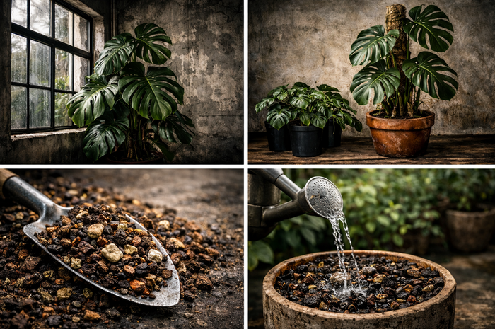 Four images: indoor scene with large monstera plants near a window, potted monstera plants on a wooden surface, close-up of soil with organic matter, and a water feature with pebbles in a container.