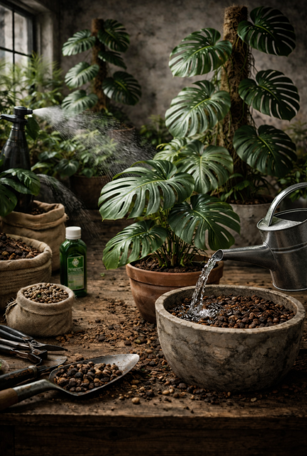 Indoor gardening scene with potted plants, a watering can pouring water into a stone pot, seed packets, gardening tools, soil, and a window with natural light.