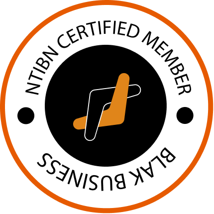 Logo with black circle, white border, orange outlines, and the words 'BLEX Business' and 'NTIB Certified Member' encircling a stylized black and orange checkmark.