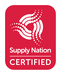Supply Nation Certified logo with red background and white abstract design.