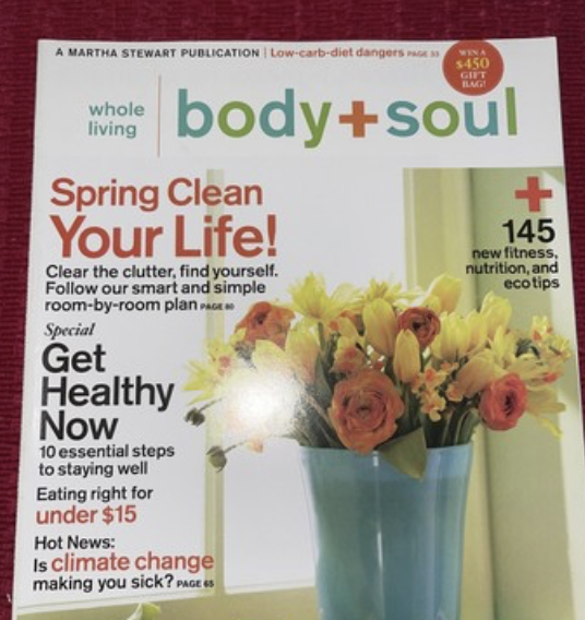 The cover of a magazine titled "body + soul" featuring a bouquet of yellow, pink, and orange flowers in a blue vase. Headlines include "Spring Clean Your Life!" and "Get Healthy Now," with topics on fitness, nutrition, eco tips, and climate change.