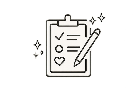 Icon of a clipboard with check marks, a heart, and lines representing text, complemented by a pen and sparkles.