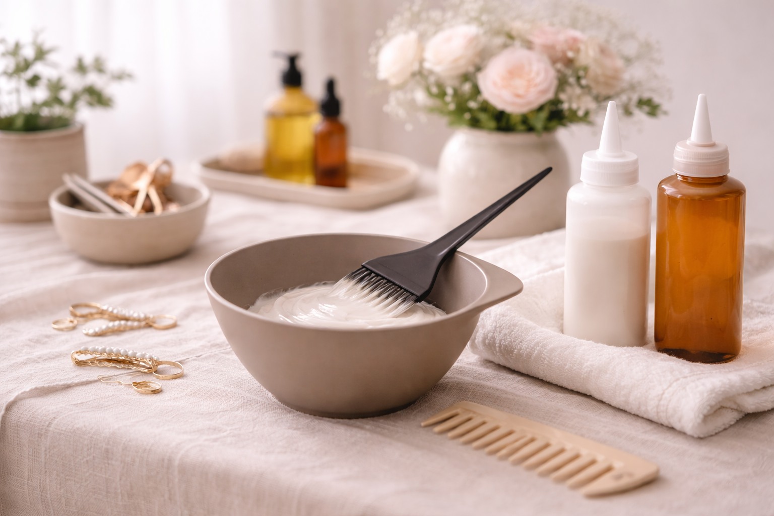 A bowl of white hair dye with a black brush, two bottles of hair dye (one white and one amber), and a cream-colored comb on a white towel, with a background of flowers and hair dye bottles.