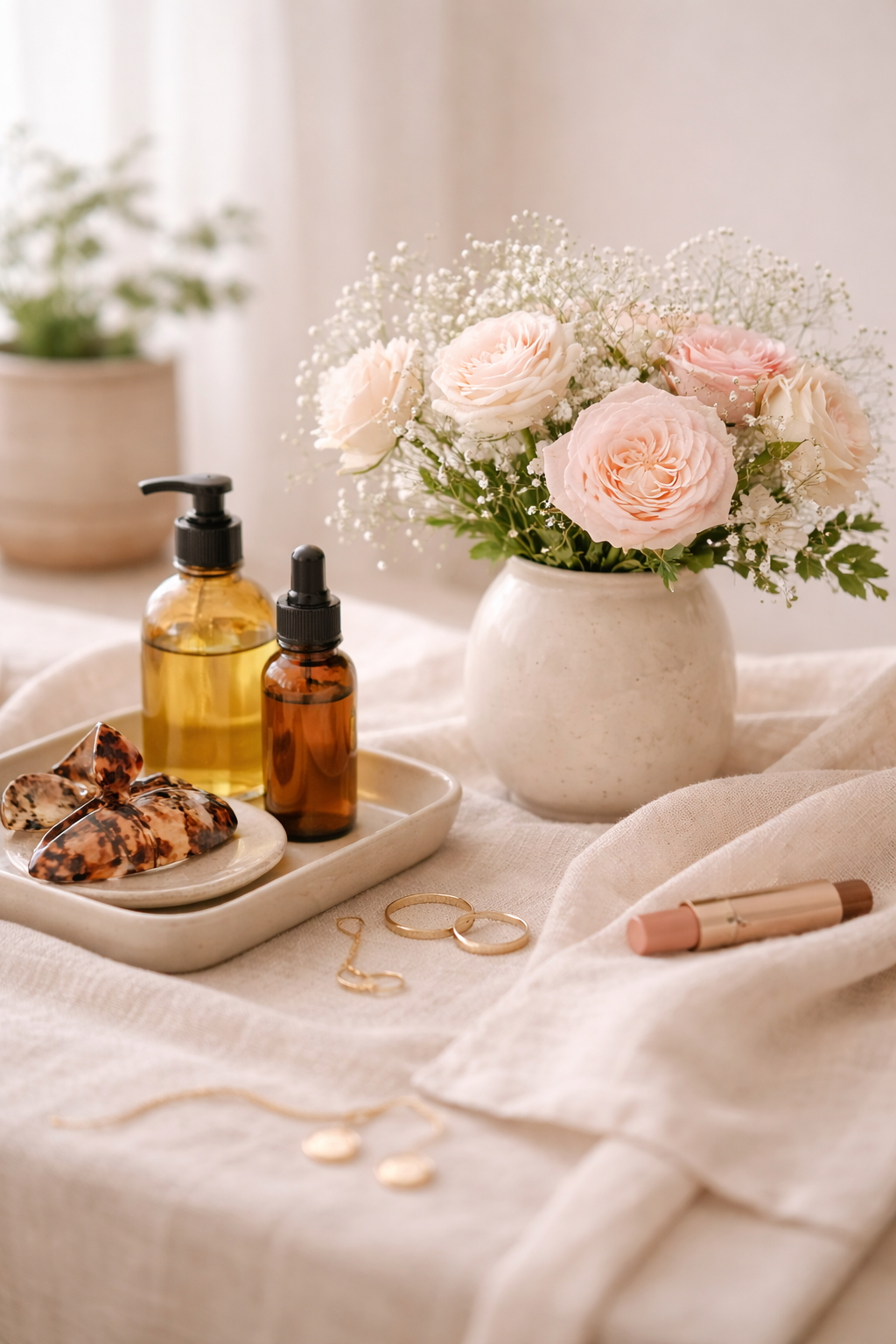 A bouquet of pale pink roses and white baby's breath in a white vase on a cream-colored tablecloth, with jewelry, skincare products, and hair accessories arranged nearby.