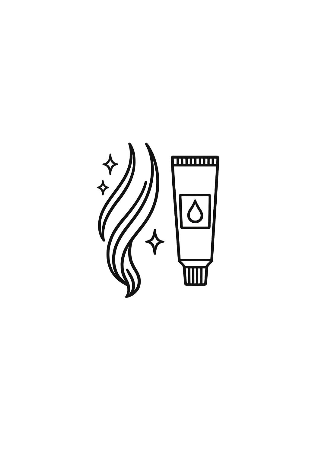 Line drawing of a hair treatment or styling product tube, with sparkles and wavy lines representing hair or a scent.