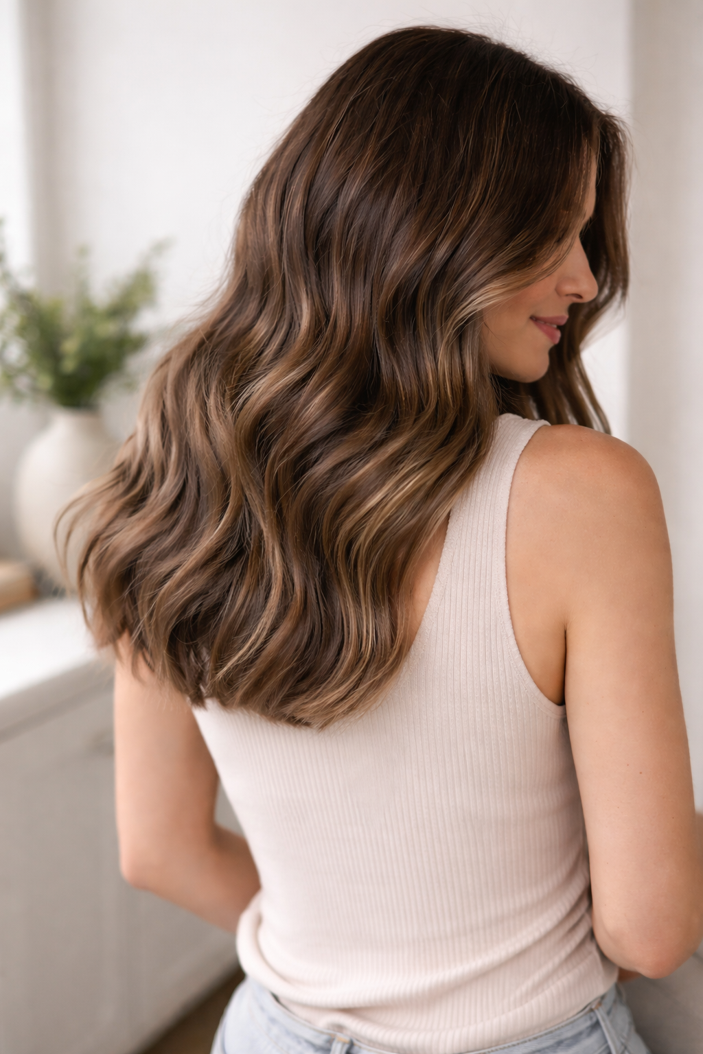 A woman with long, wavy brown hair is turned to the side and smiling, wearing a beige sleeveless top, with a blurred background of a white interior and a plant in a vase.