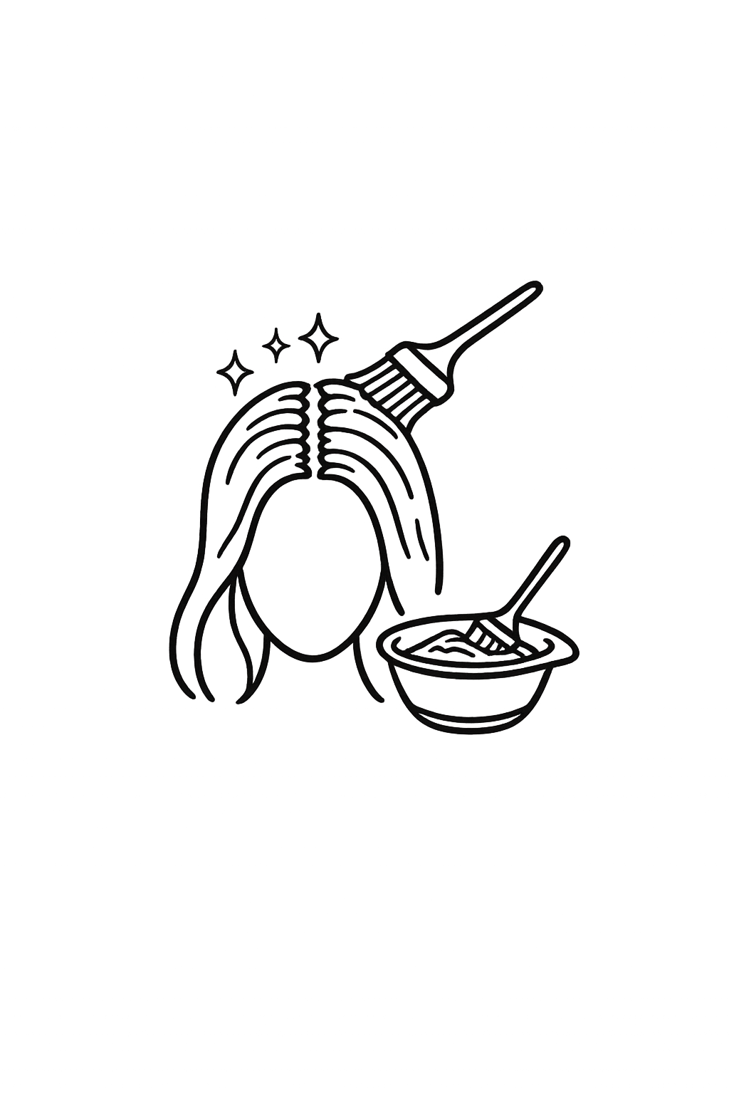 An illustration of a faceless person with long hair, a hair blow-dry brush above their head, a bowl of noodles with chopsticks, and some sparkling stars.