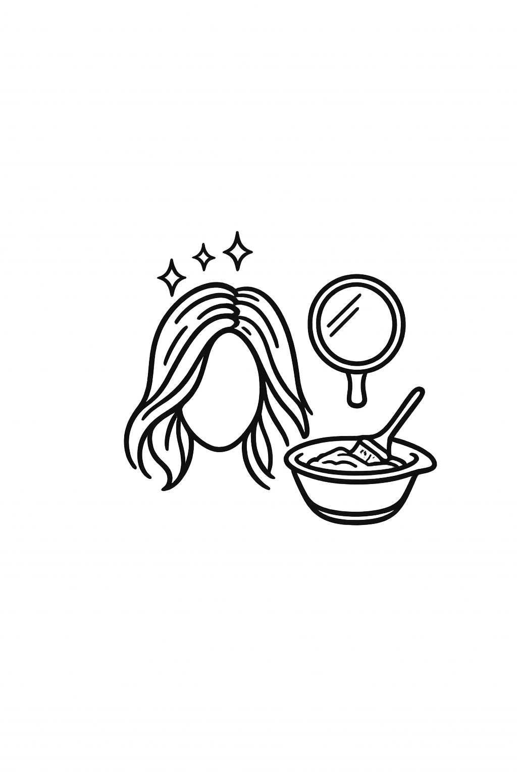 Illustration of a person with long hair, a mirror, and a bowl of noodles with a spoon.