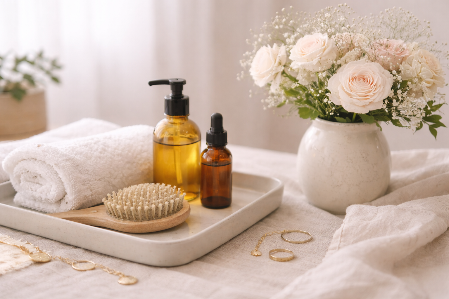 A tray with rolled white towels, two amber bottles with black caps for liquid, a wooden body brush, and gold jewelry including rings and a bracelet. A white ceramic vase filled with pink and white roses and baby's breath. The setup is on a white cloth surface in a soft-lit room.