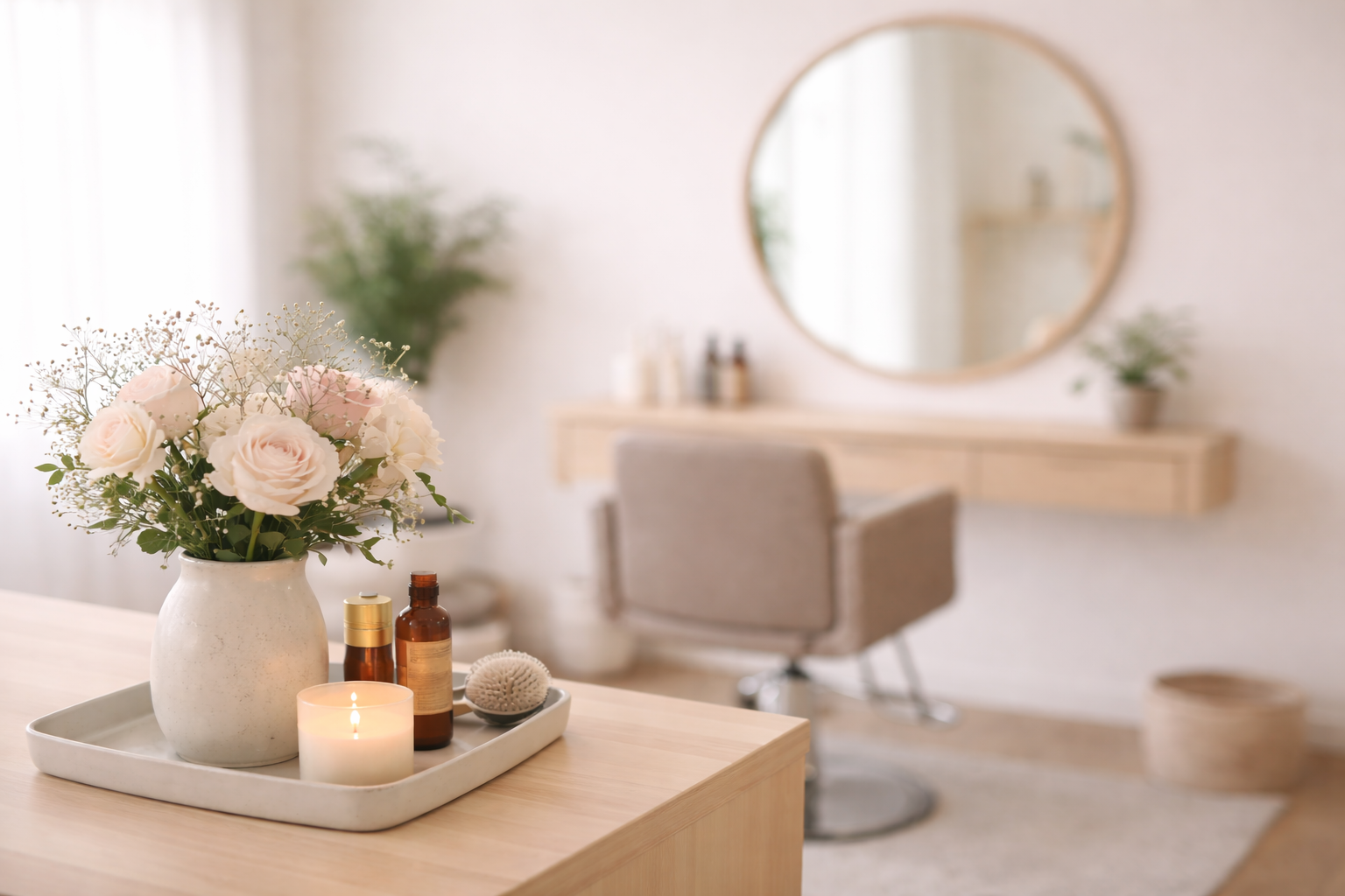A cozy, well-lit room with a wooden table holding a white vase with pink and white roses, several small bottles, a candle, and a textured ball. In the background, a gray salon chair sits before a mirror on the wall, with a potted plant on a shelf and a basket on the floor.