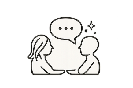 Line drawing of two people sitting and talking, with a speech bubble above them containing three dots, and sparkle effects near the person's head.