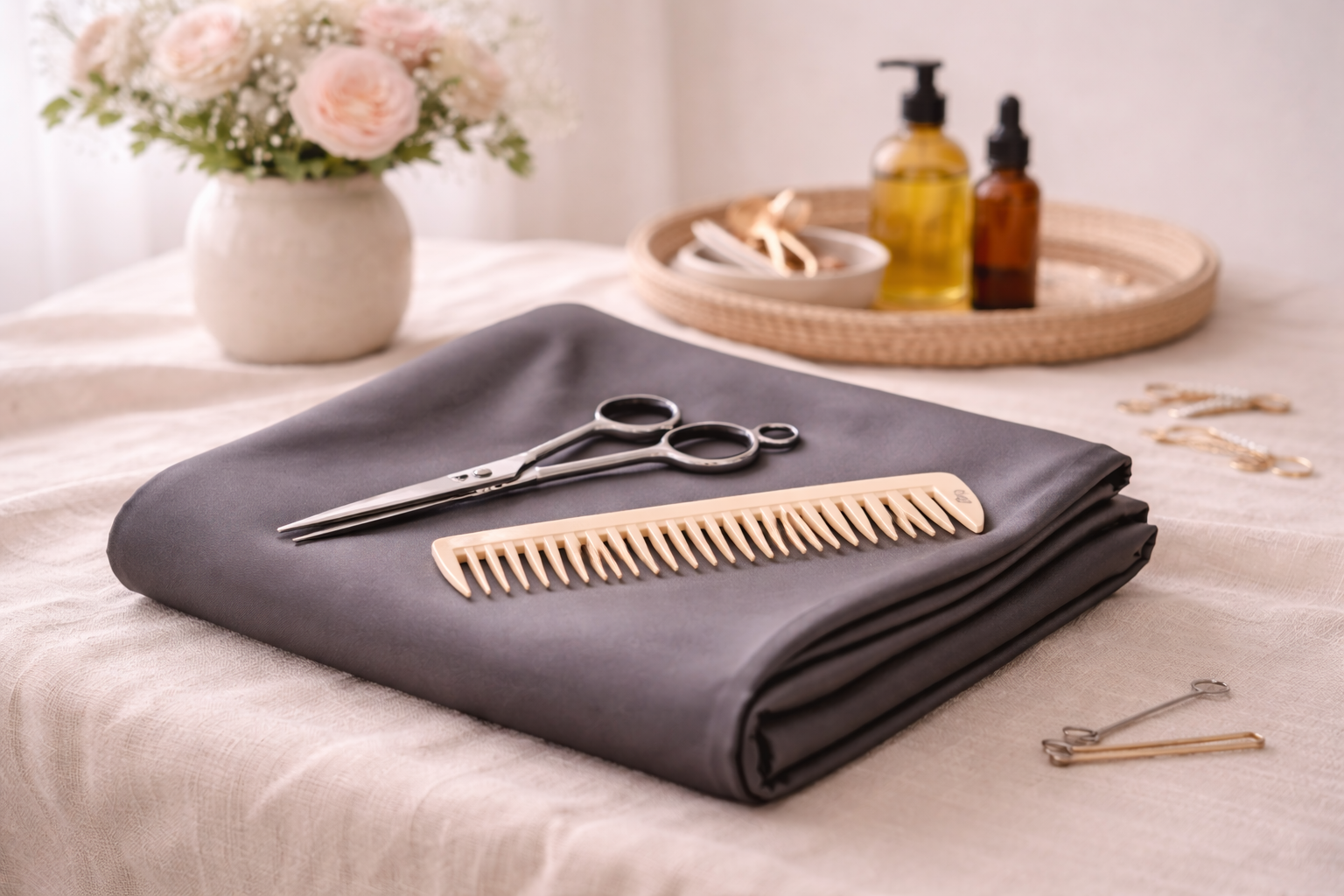 Hairdressing tools including scissors, a beige comb, and a black cloth, placed on a table with a flower vase and bottles in the background.