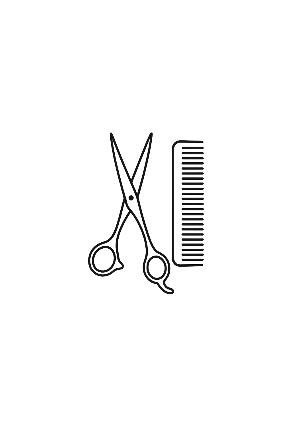Black scissors and a black comb icon on a gray background.