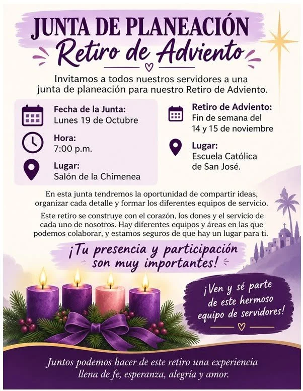 Invitamos a todos nuestros servidores a una junta de planeación para nuestro Retiro de Adviento