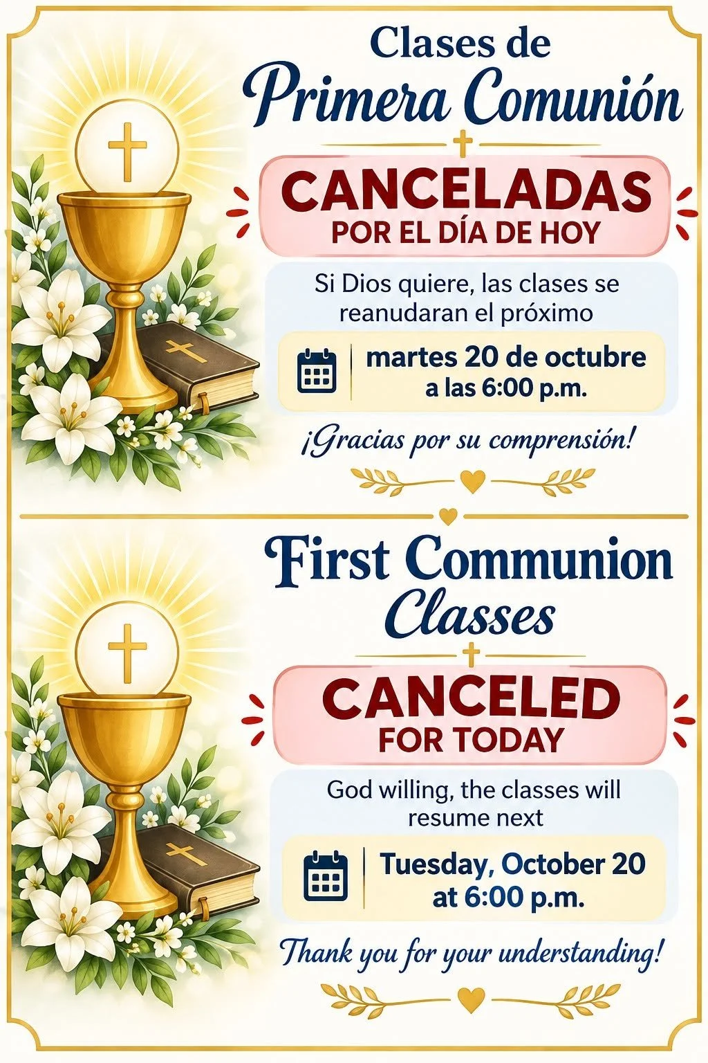 First Communion Classes on October 20th Canceled 