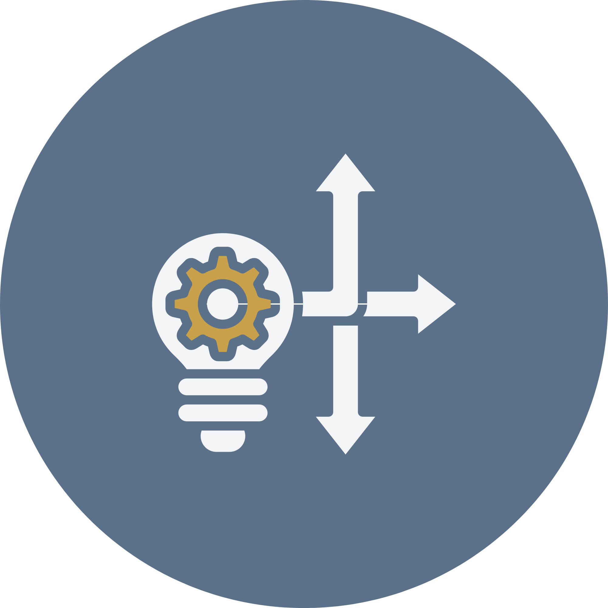 Icon of a lightbulb with a gear inside it, combined with arrows indicating the x, y, and z axes, symbolizing innovation and technical development.