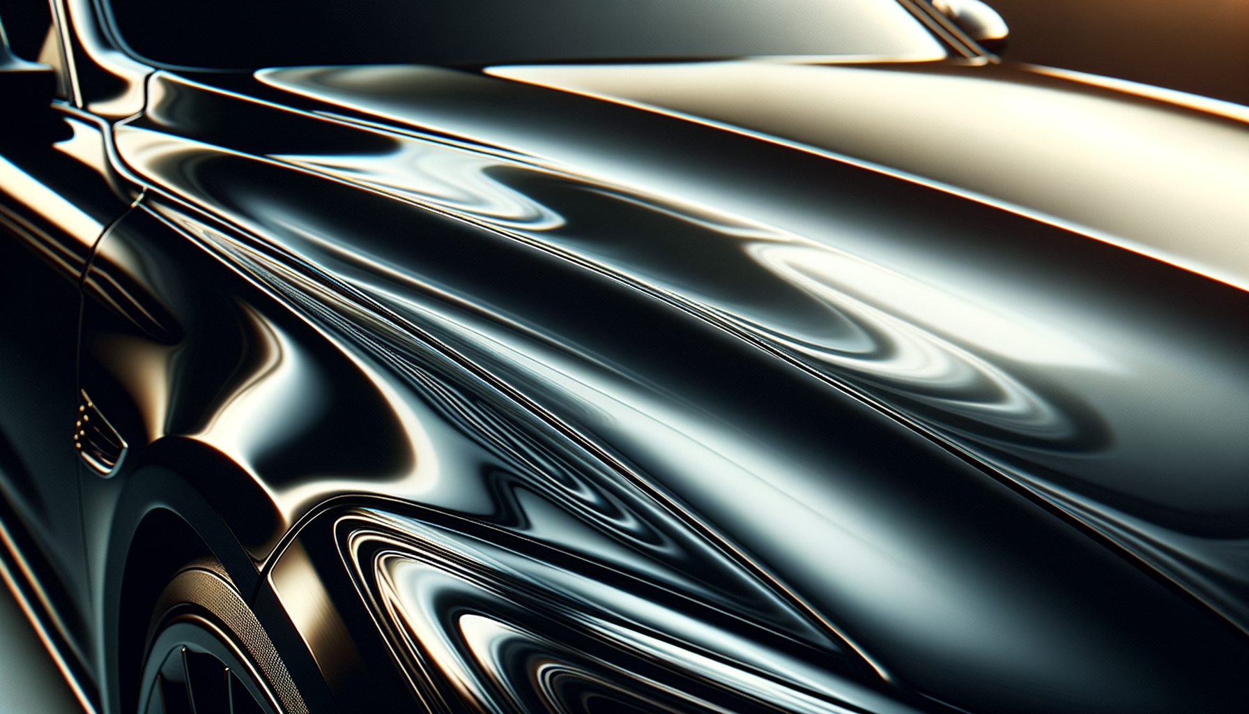 Close-up of a shiny black car's hood and side, reflecting surrounding light.