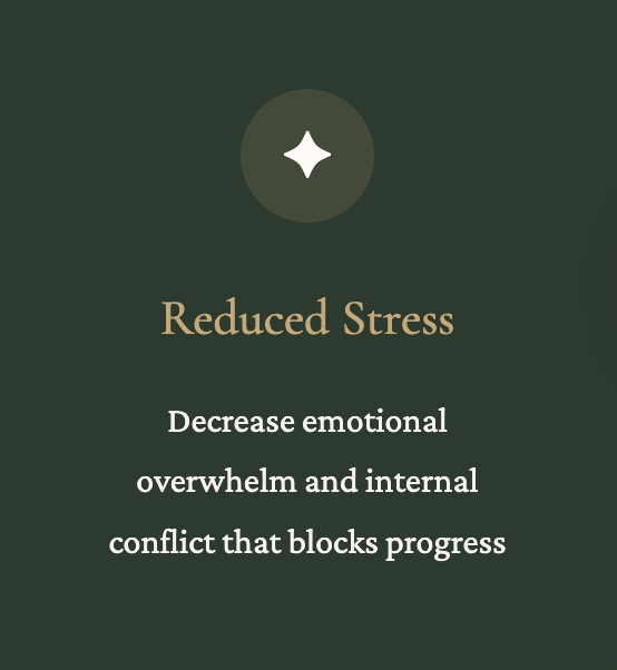 Graphic with dark green background and a star icon at the top. Text reads: "Reduced Stress" in gold font, followed by white text: "Decrease emotional overwhelm and internal conflict that blocks progress."